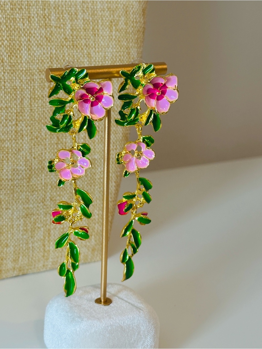 Fashion Jewelry Gold-Tone Pink Floral Dangle Earrings with Green Leaves